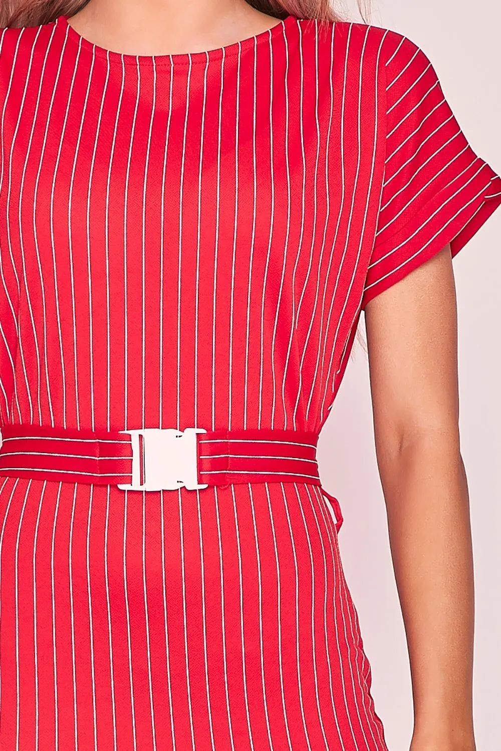 Red & White Pinstripe Belted T-Shirt Dress