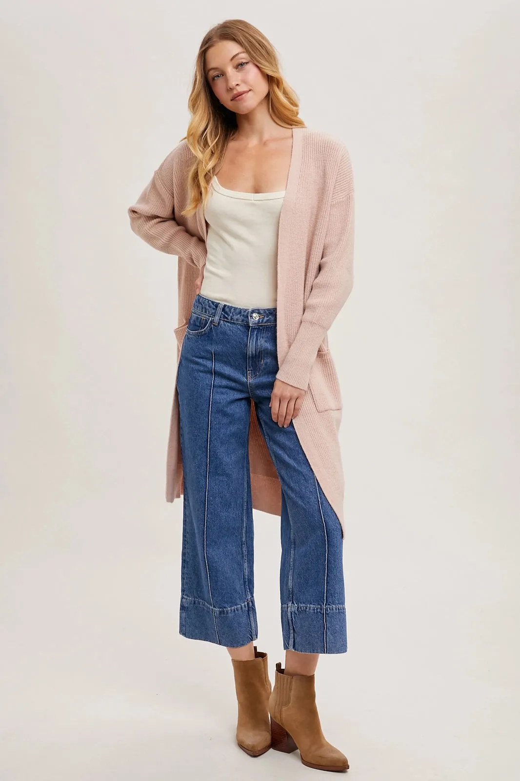 Ribbed Open Front Cardigan Blush