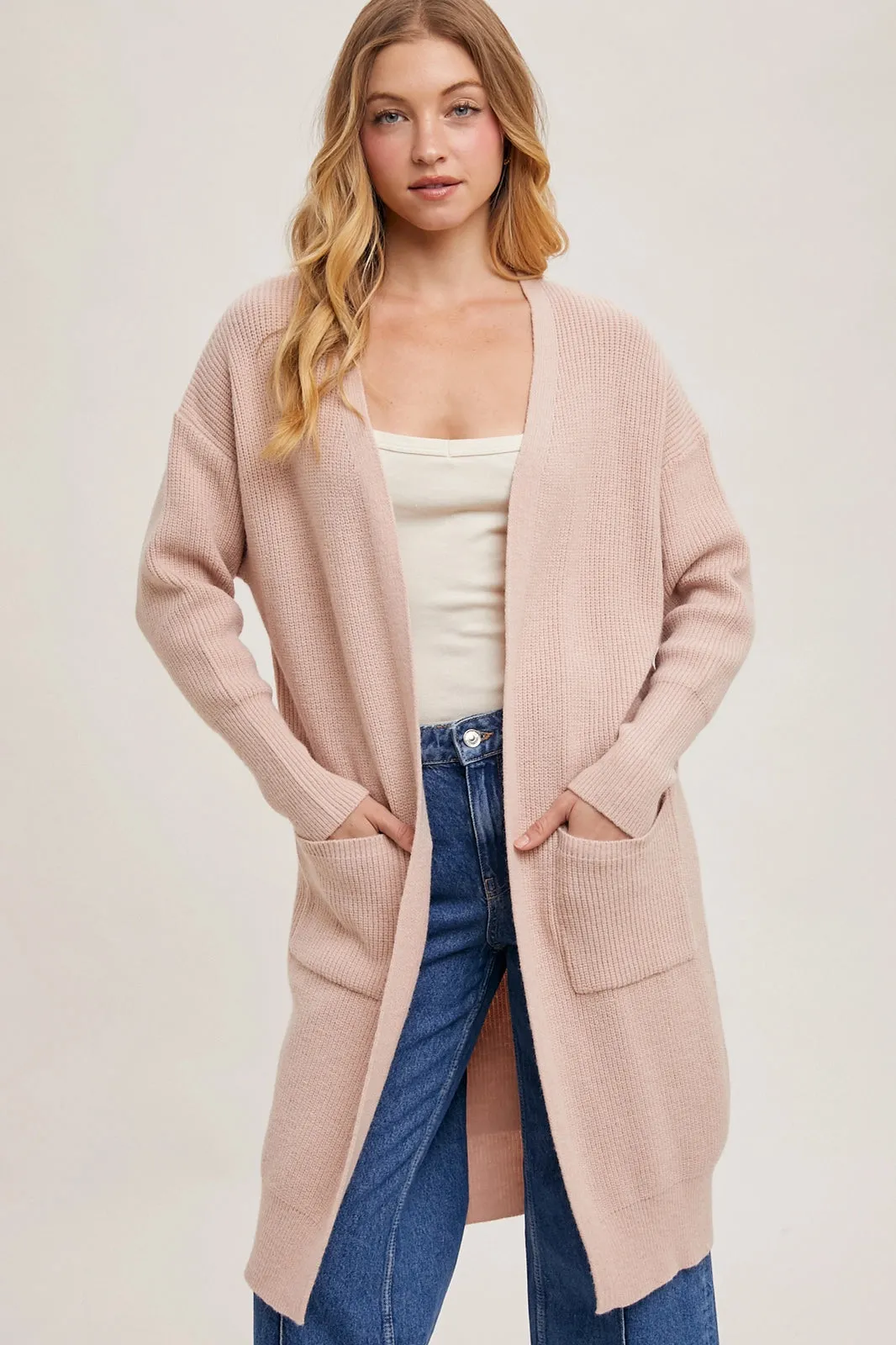 Ribbed Open Front Cardigan Blush