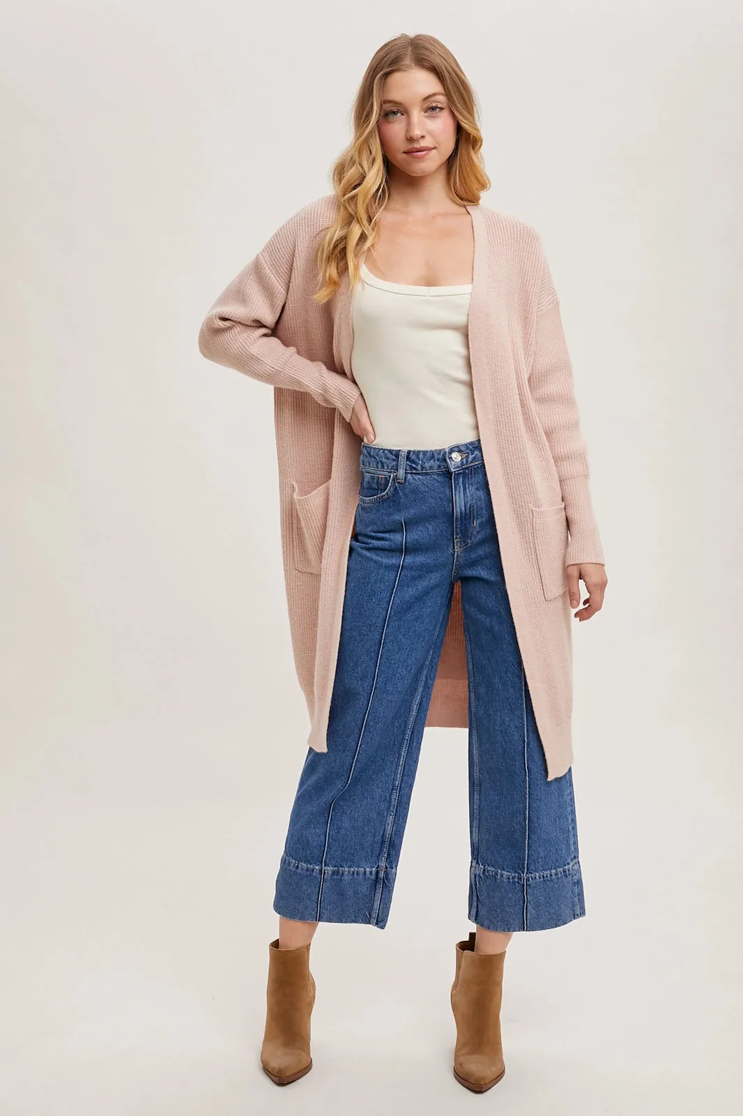 Ribbed Open Front Cardigan Blush