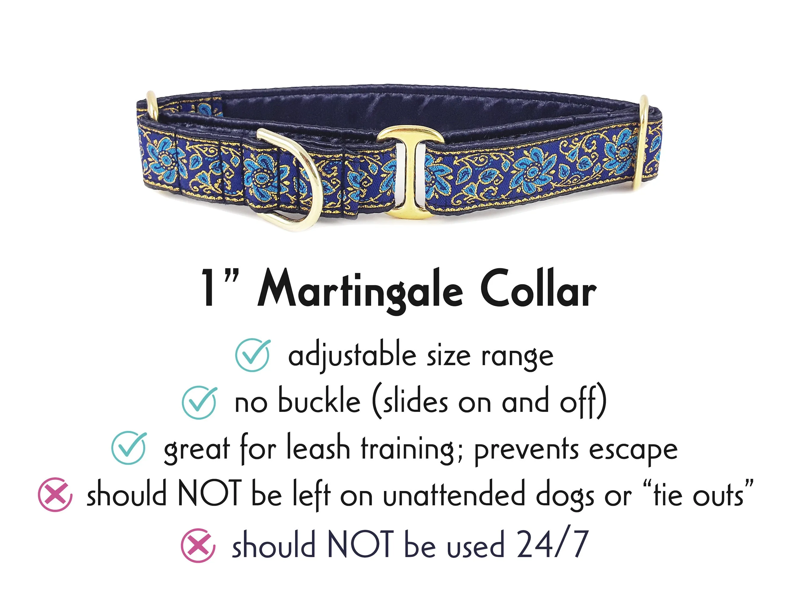 Sevilla in Blue, Turquoise & Gold - Martingale Dog Collar or Buckle Dog Collar - 1" Width