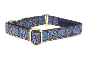 Sevilla in Blue, Turquoise & Gold - Martingale Dog Collar or Buckle Dog Collar - 1" Width