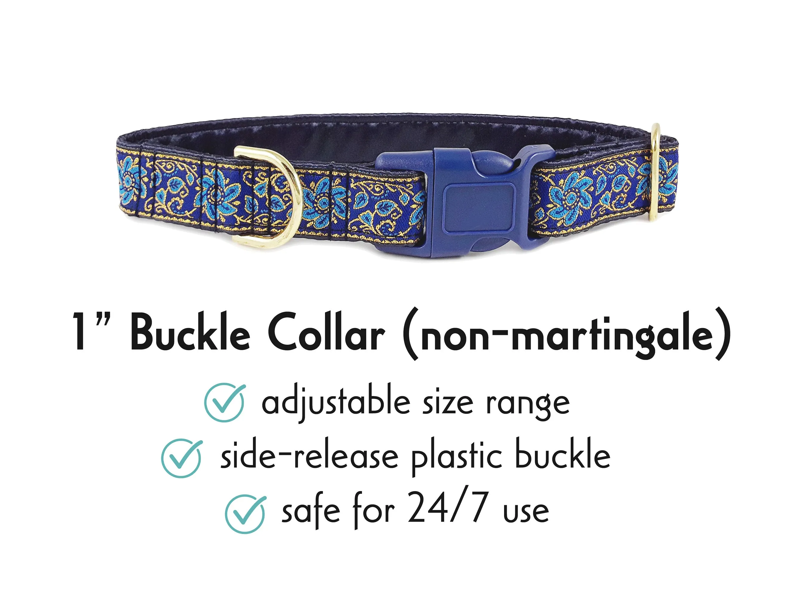 Sevilla in Blue, Turquoise & Gold - Martingale Dog Collar or Buckle Dog Collar - 1" Width