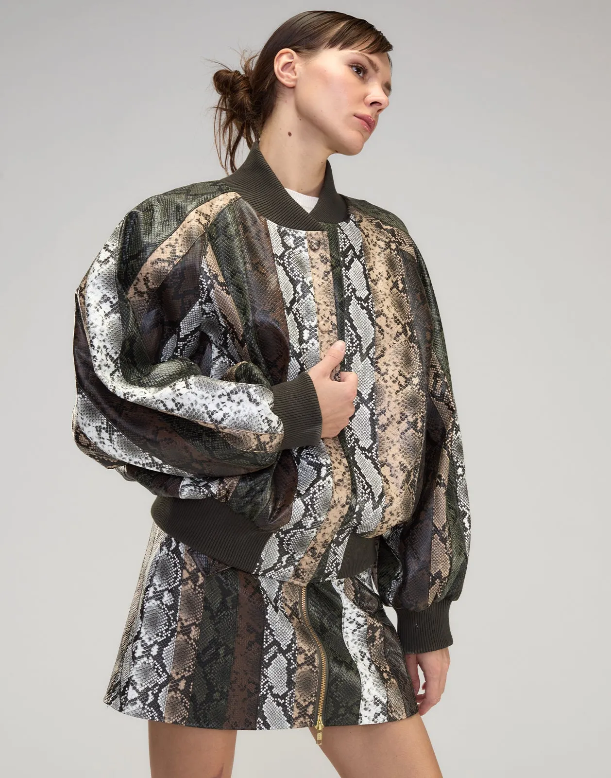 Snake-Embossed Vegan Leather Bomber Jacket