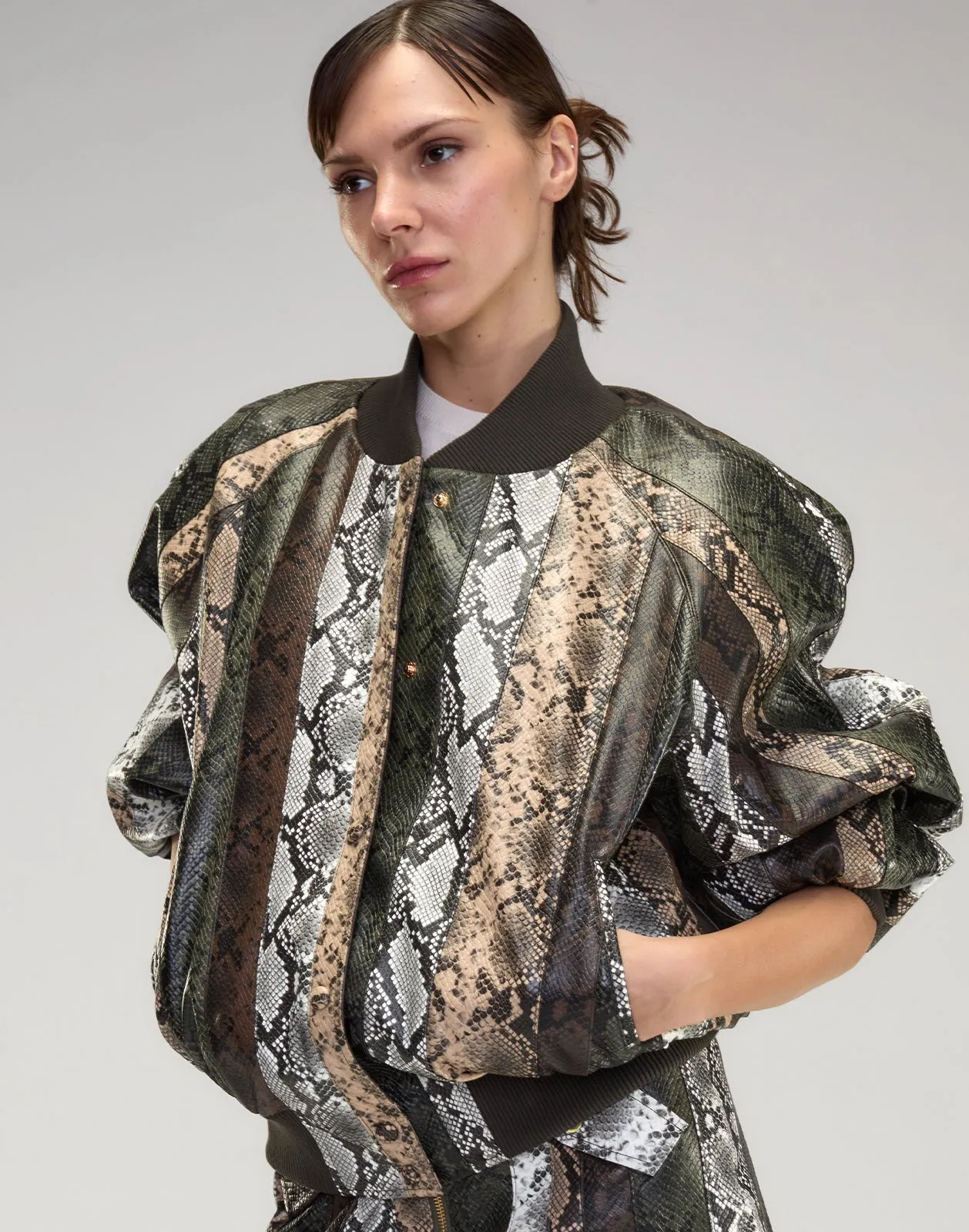 Snake-Embossed Vegan Leather Bomber Jacket