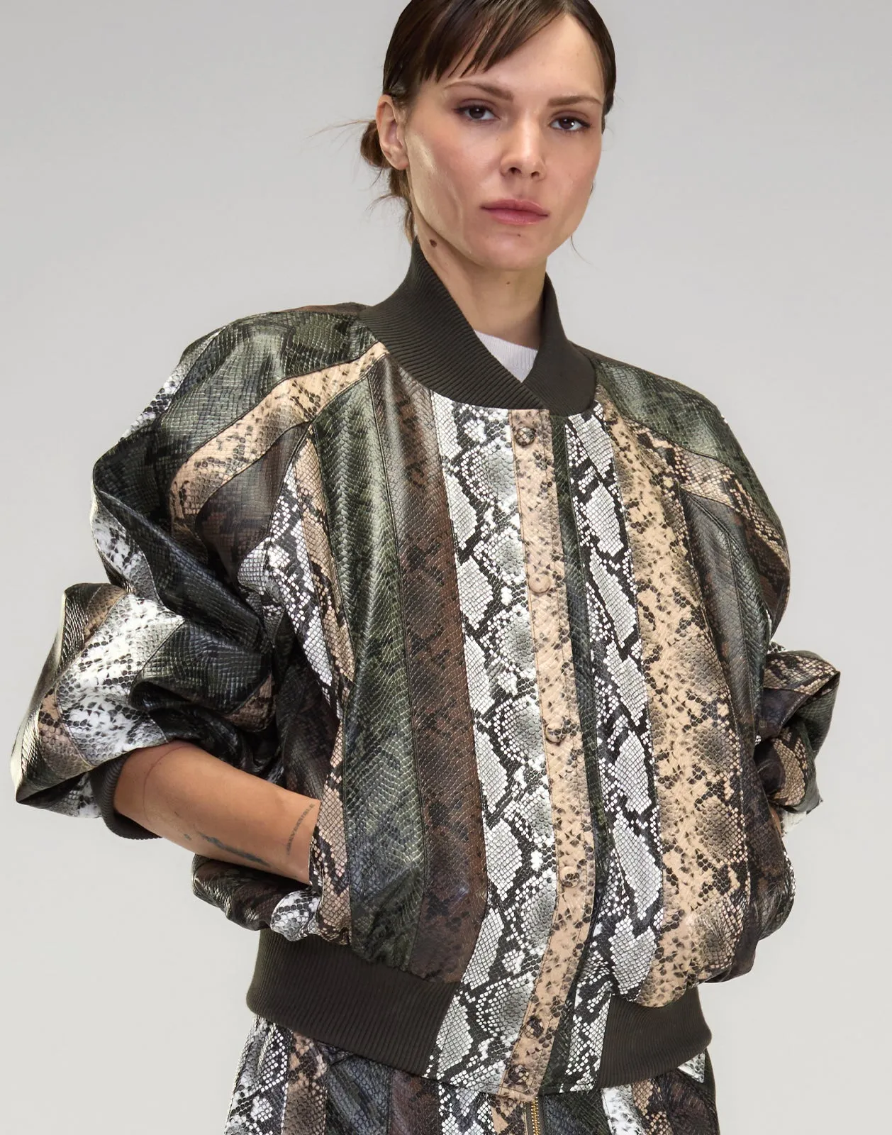 Snake-Embossed Vegan Leather Bomber Jacket