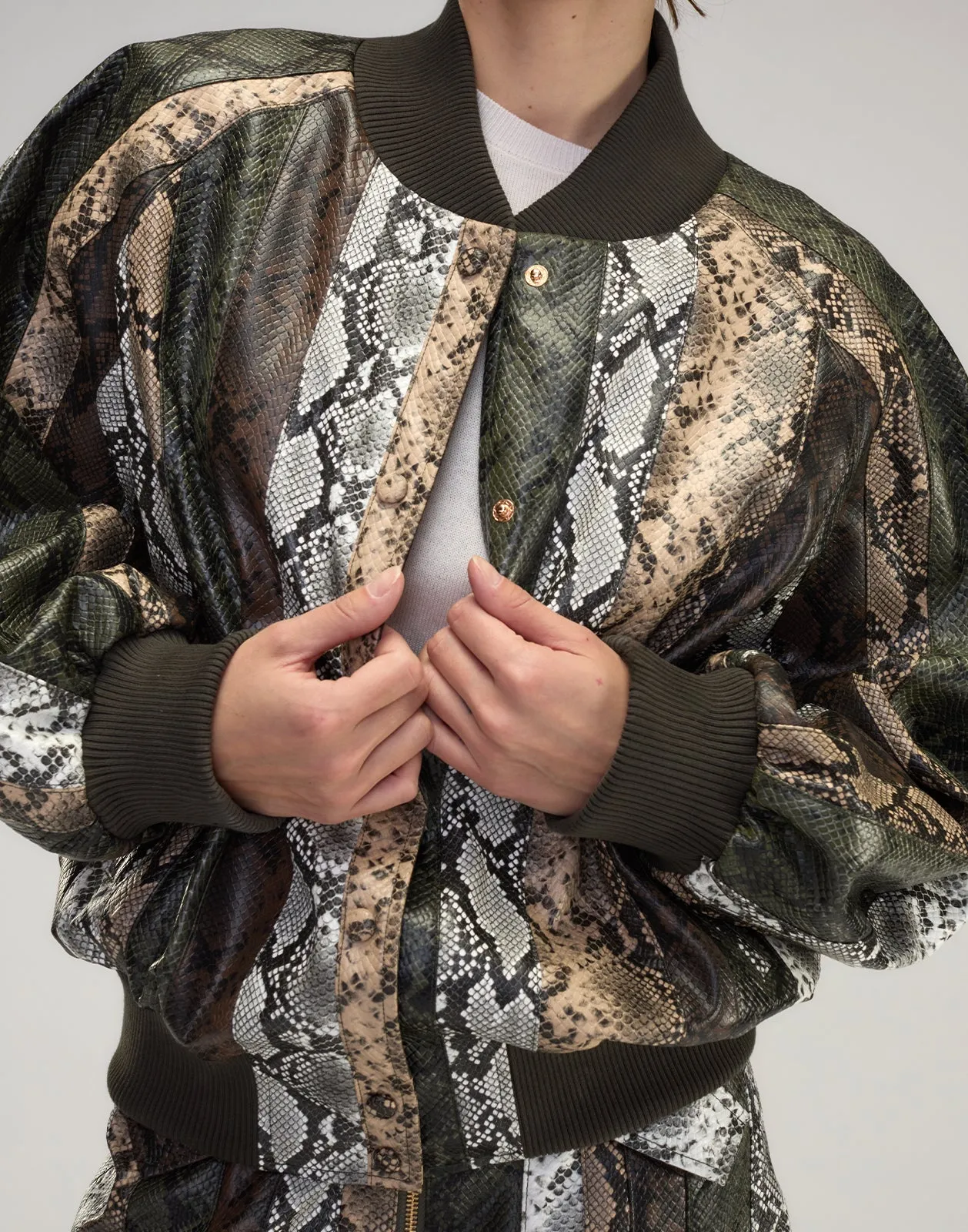 Snake-Embossed Vegan Leather Bomber Jacket