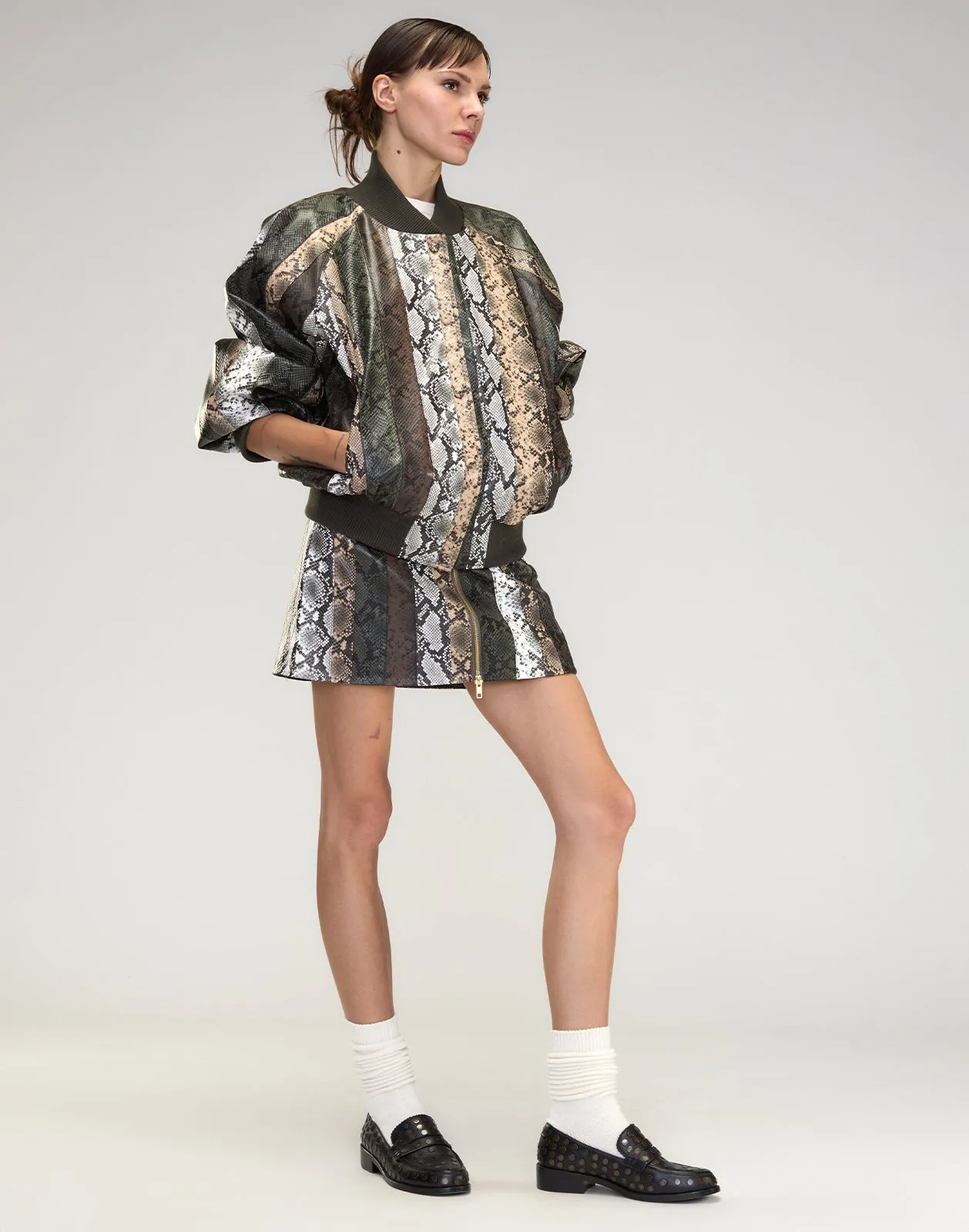 Snake-Embossed Vegan Leather Bomber Jacket