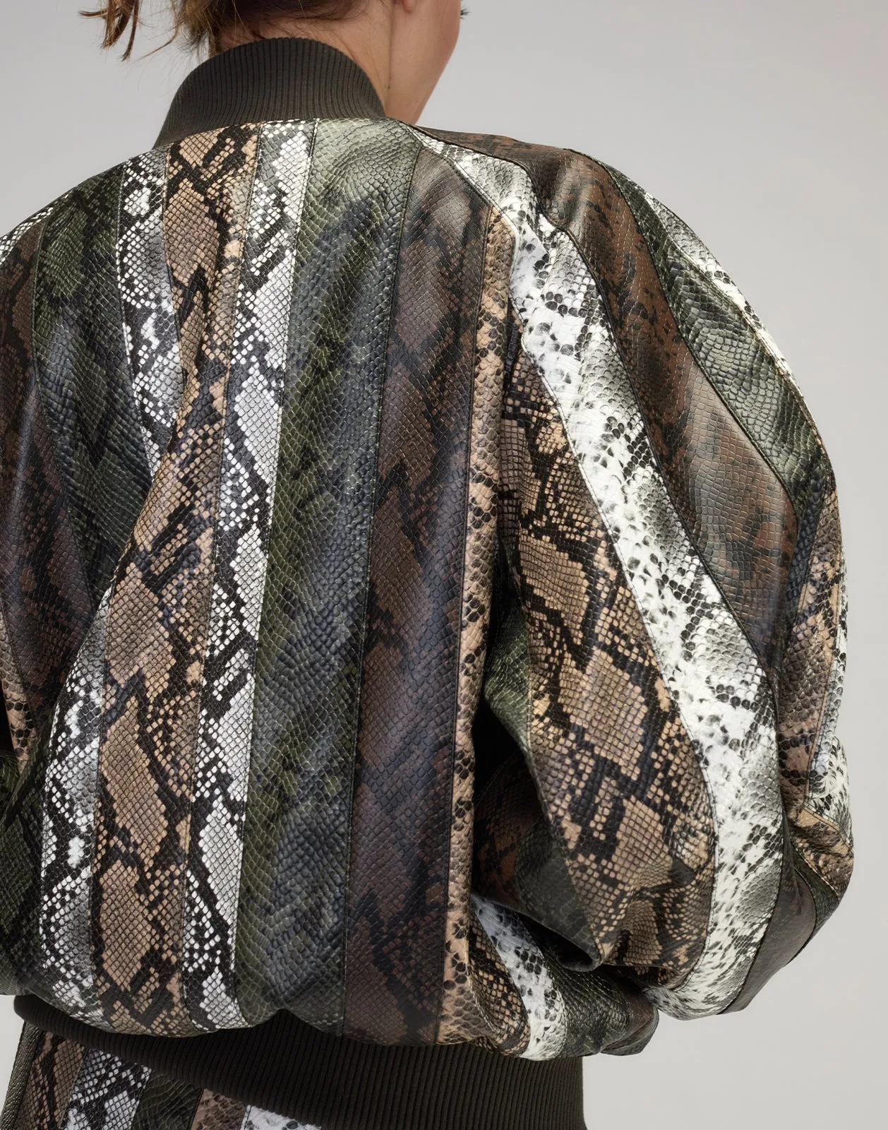 Snake-Embossed Vegan Leather Bomber Jacket