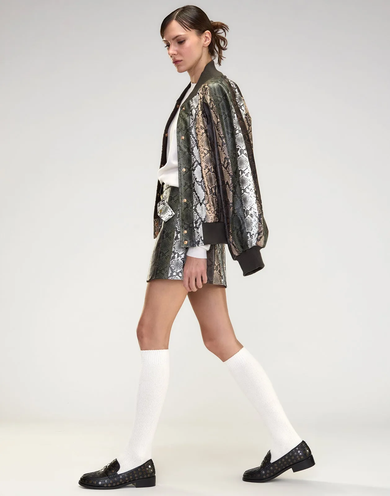 Snake-Embossed Vegan Leather Bomber Jacket