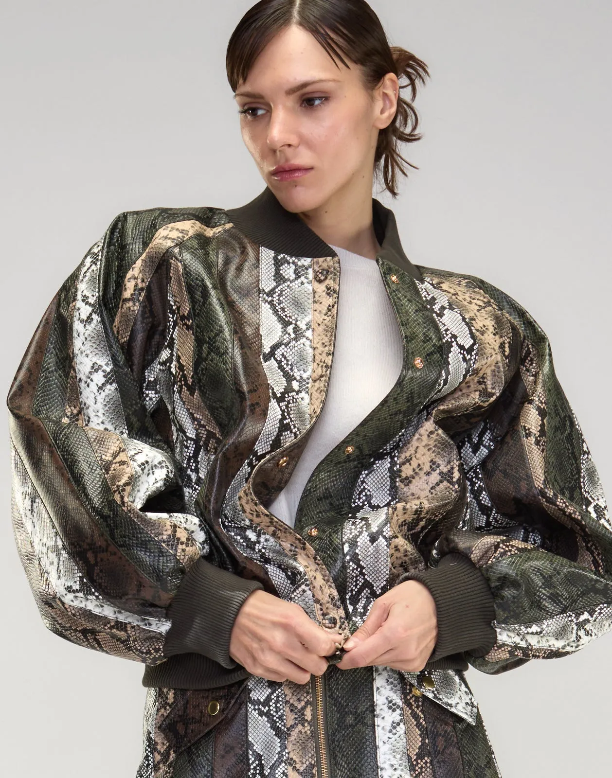 Snake-Embossed Vegan Leather Bomber Jacket