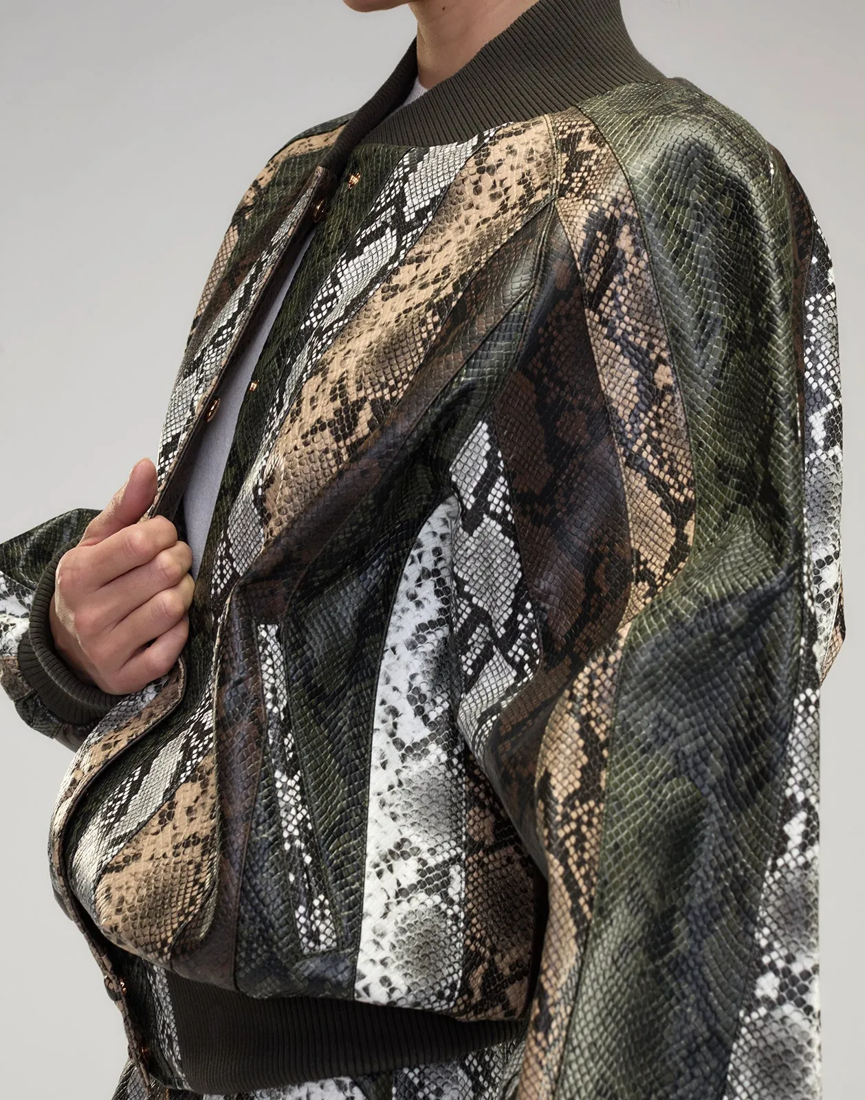 Snake-Embossed Vegan Leather Bomber Jacket