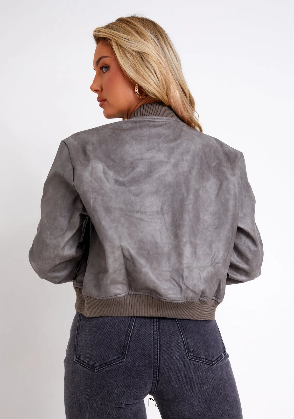 Sydney Grey Washed PU Bomber Jacket