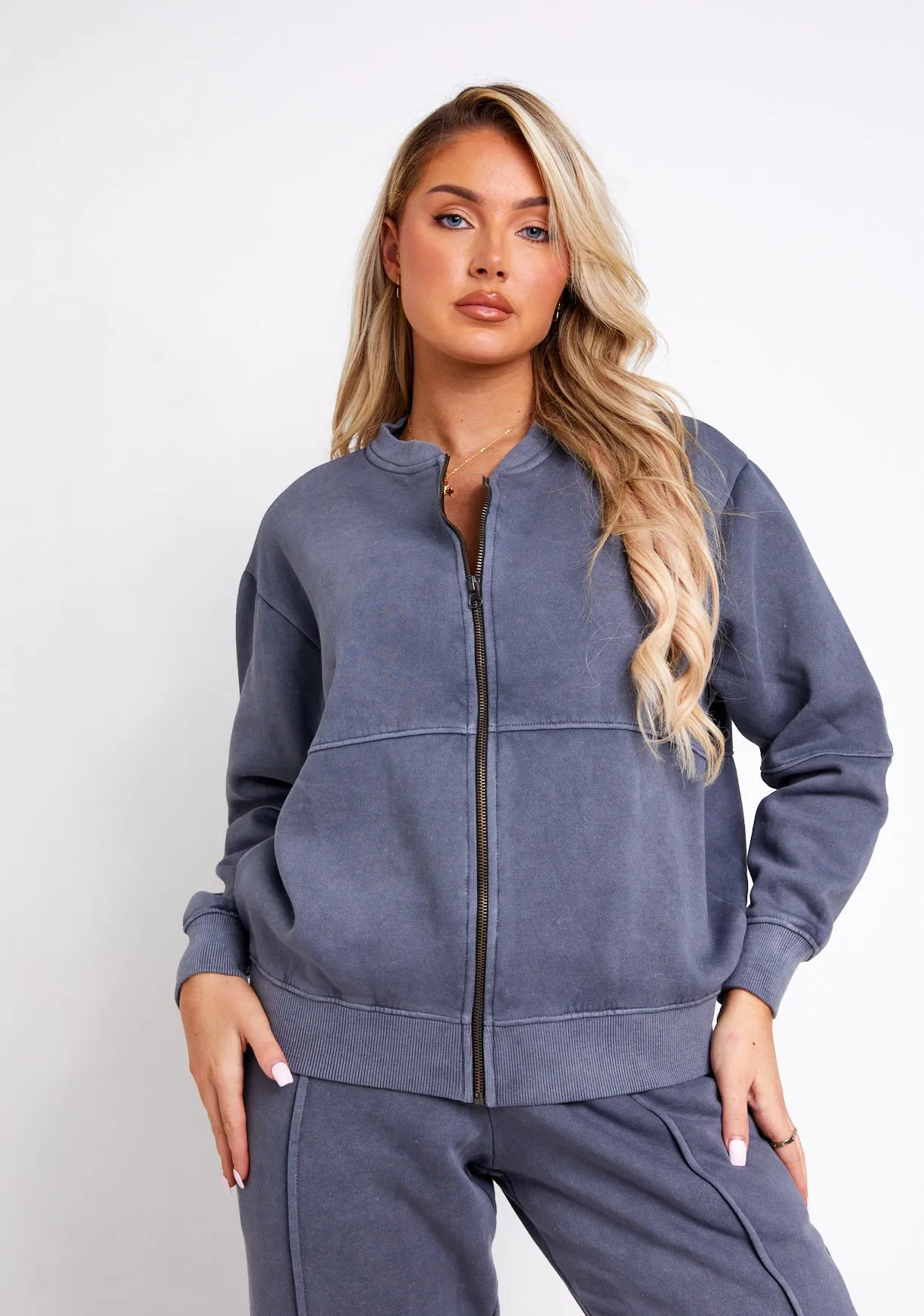 Tess Washed Charcoal Bomber Jacket Sweatshirt