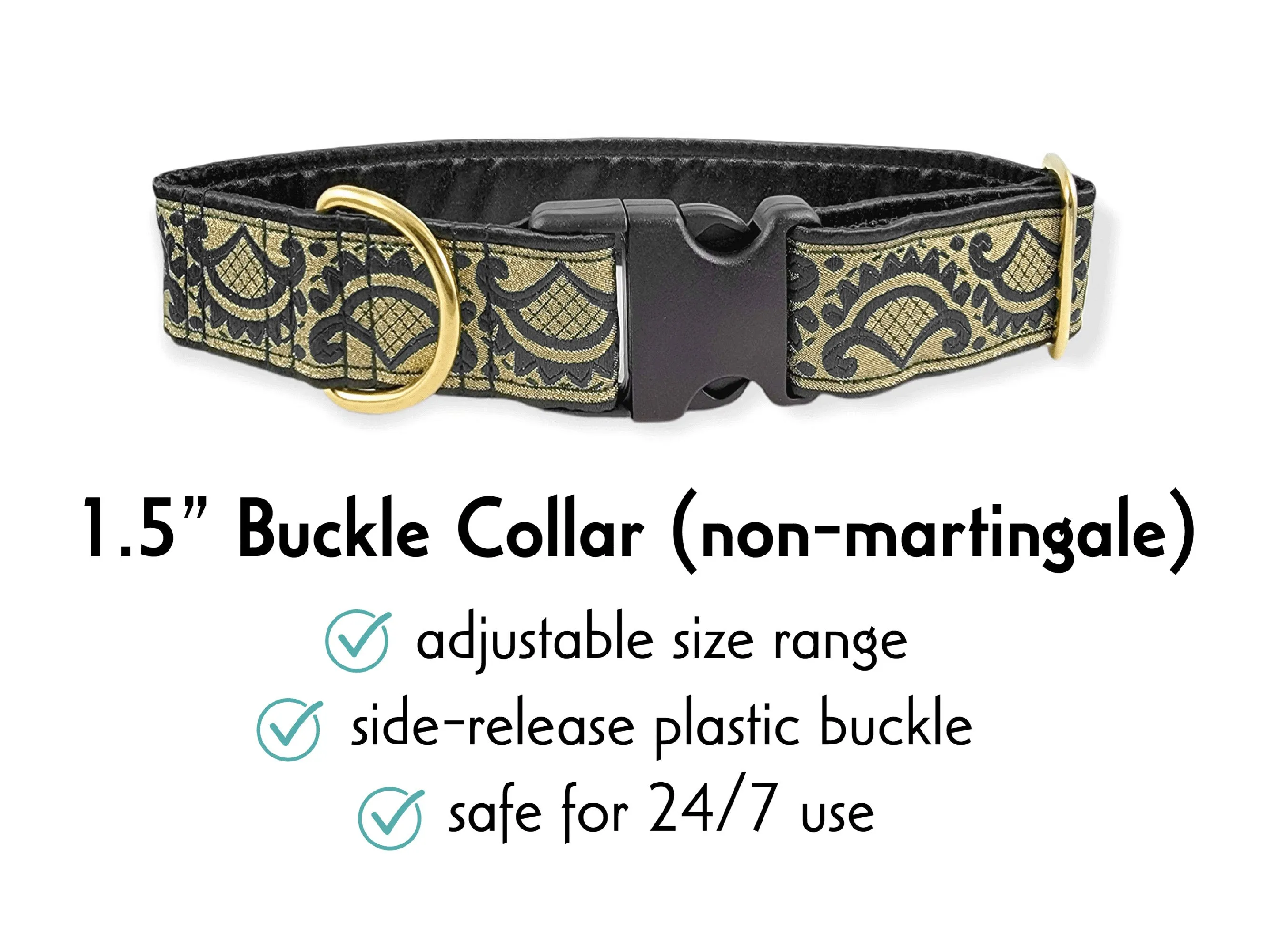 Tivoli Jacquard in Black & Gold - Martingale Dog Collar or Buckle Dog Collar - 1.5" Width