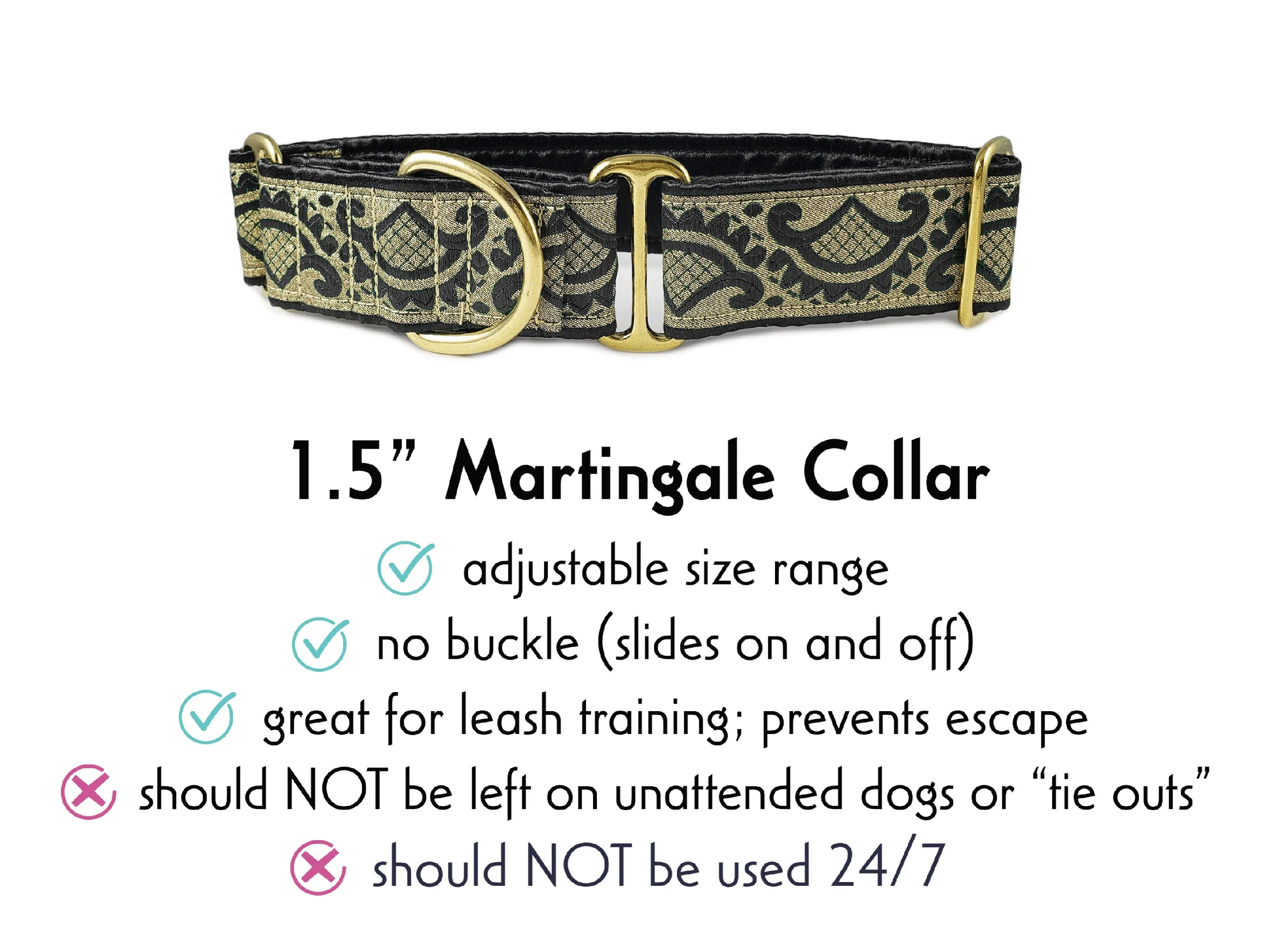 Tivoli Jacquard in Black & Gold - Martingale Dog Collar or Buckle Dog Collar - 1.5" Width