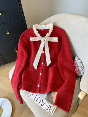 V-neck Bow Single-breasted Cardigan