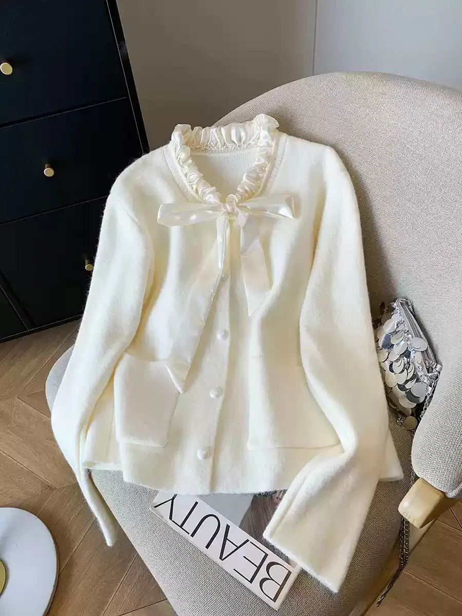 V-neck Bow Single-breasted Cardigan