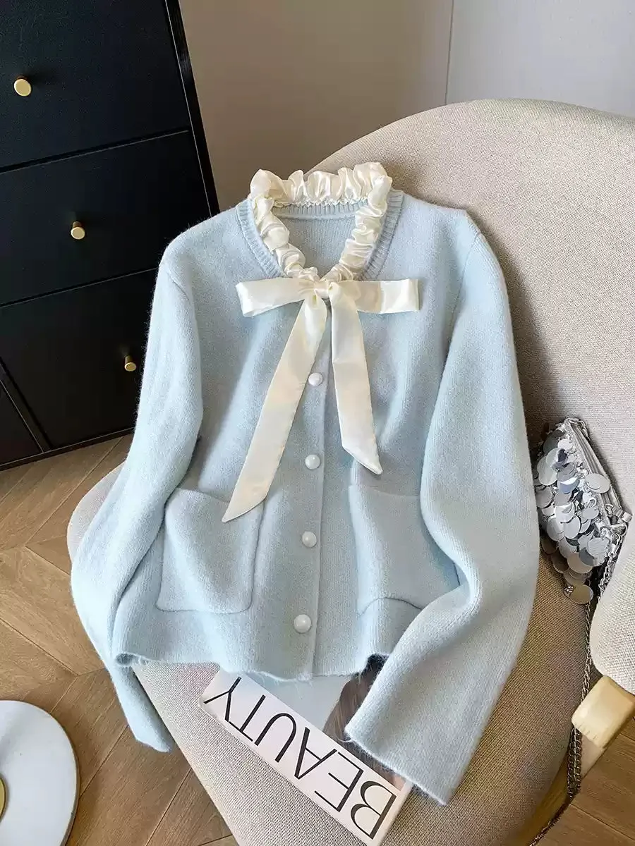 V-neck Bow Single-breasted Cardigan