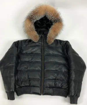 Women's Leather Snorkel Bomber Jacket Premium Fox (crystal fur)