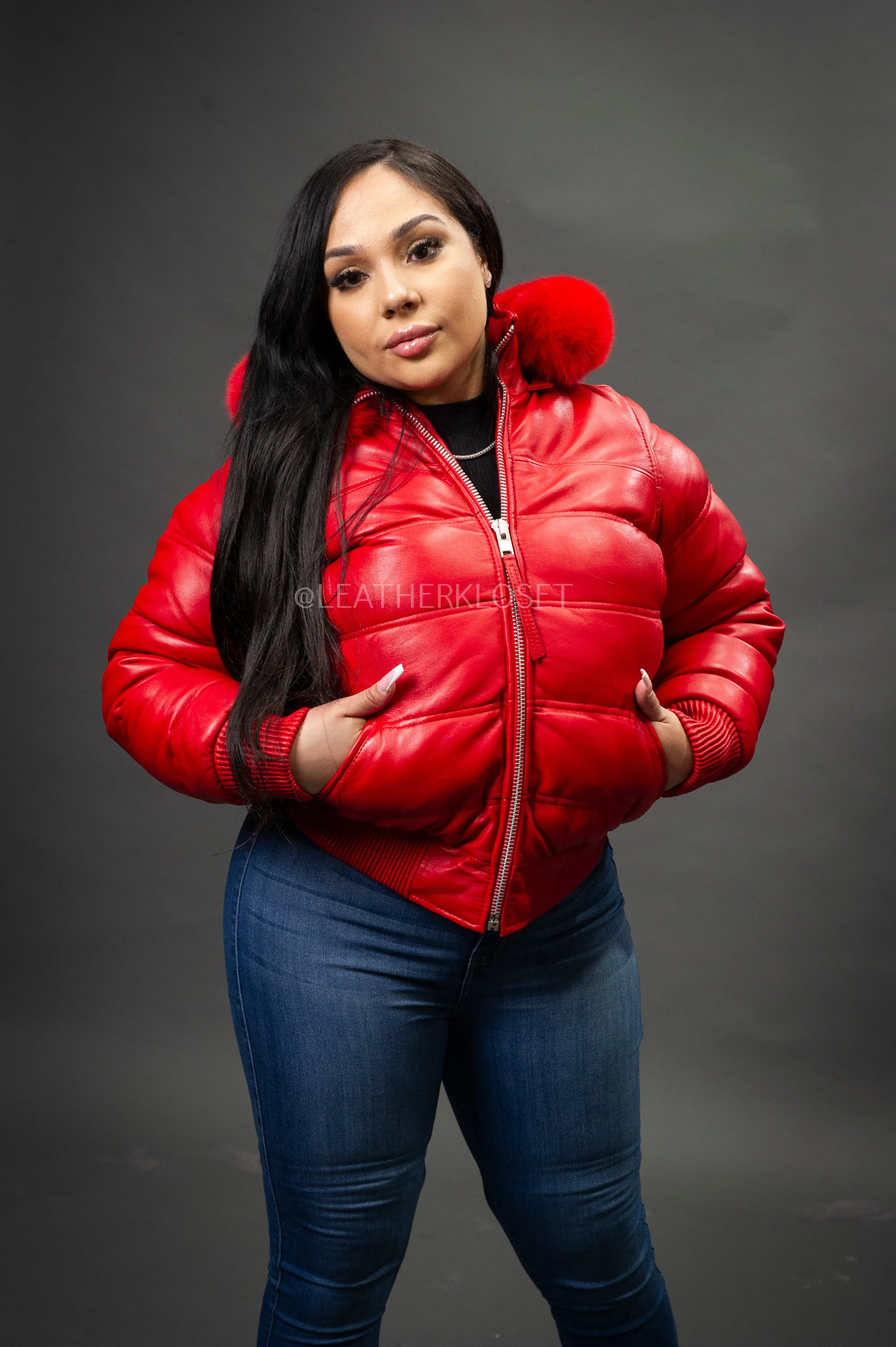 Women's Leather Snorkel Bomber Jacket [Red]