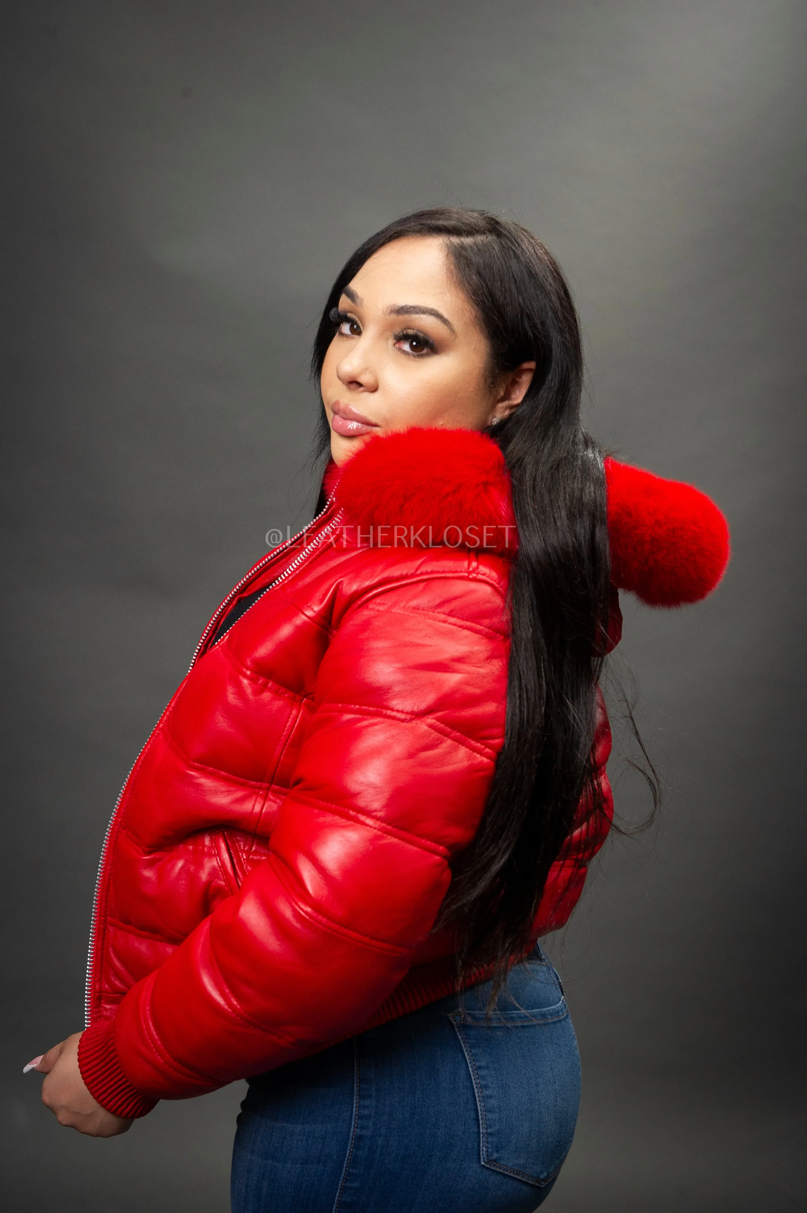 Women's Leather Snorkel Bomber Jacket [Red]