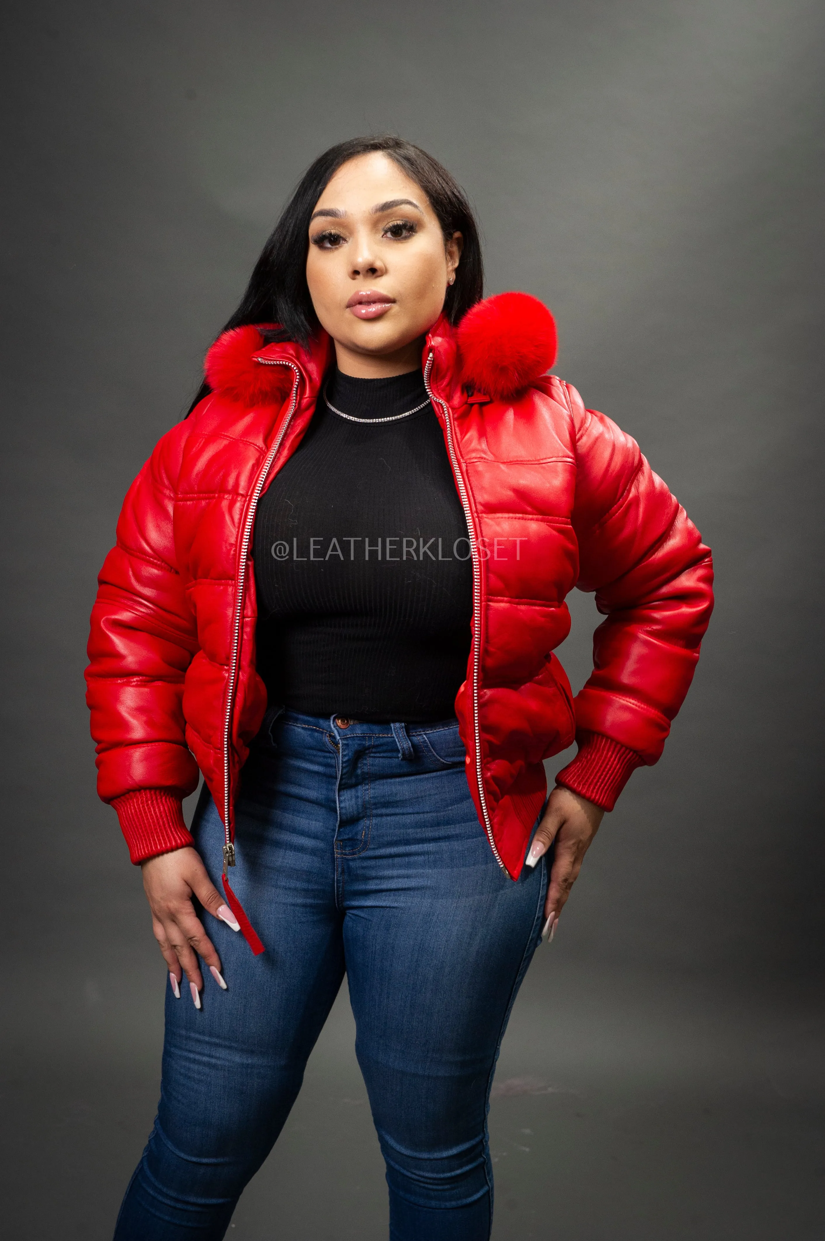 Women's Leather Snorkel Bomber Jacket [Red]